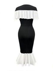 [Elegant Bodycon Dress] Stretchy Elegant Women's Bodycon Fishtail Dress | Contrast Trim Ruched Waist, Round Neck, Solid Color, Machine Washable, Tight Fitted, Versatile Outfit, Chic Style, Sleek Material
