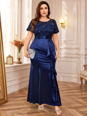 P54328A Elegant Women's Plus Size Lace Contrast Satin Sequin Bridesmaid Dress, Round Neck Short Sleeve, Empire Waist, Slim Fitting, Ruffled Mermaid Hem, Perfect for Formal Evenings, Weddings, Parties SHOWLU FASHION STORE