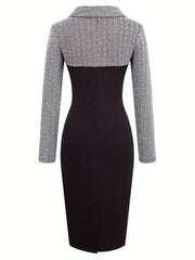 Women'S Elegant Black and Beige Color Block Pencil Dress - Slim Fit, Long Sleeve, Round Neck with Button Detail, Perfect for Spring/Summer, Adult Fashion, Elegant Attire|Sleek Fitted Design|Polyester Fabric