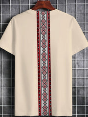 Men's Ethnic Geometric Embroidery T-Shirt - Premium Fabric, Comfort Fit Round Neck, Machine Washable Casual Top for Casual Attire, T Shirt, Durable Fabric Shirt