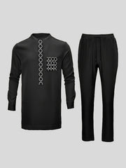 2024 Autumn New, Dashiki Men'S Set, Long Sleeve Top, Chest Embroidery, Hidden Button, Pocket, Round Neck, Split Hem, Elastic Pants, African Clothing, Men'S Casual Shirt and Trousers 2pcs Set, Four Seasons New 1 Set, Street St