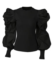 Women'S Black Ribbed Blouse with Puff Sleeves & Round Neck - Stylish Layering Piece for Casual or Formal Outfits, Allseason Top | Ribbed Texture Top | Construction, Ladies Blouses
