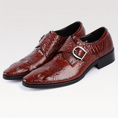 Men's Crocodile Print Pointed Toe Slip-On Loafers - Elegant Red Dress Shoes with Glossy Finish & Metal Buckle, Breathable for Business, Office, Weddings, and Formal Events SHOWLU FASHION STORE