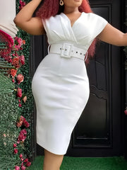 Women's Elegant V-Neck Belted Bodycon Pencil Skirt - Mid-Stretch Machine-Washable Solid Color Skirt for Spring/Fall, Office to Party Wear, Formal Event Attire, Sophisticated Design