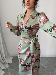 [Elegant French Dress] Elegant V-Neck French Floral Print Dress | Mid-Length Lace-Up Bodycon Midi Dress for Women - Perfect for Spring/Fall Commute & Vacation