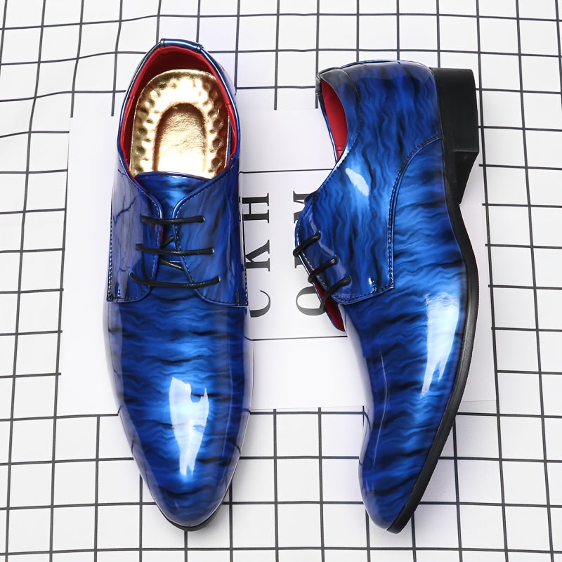 Men'S Fashion Blue Ripple Glossy Dress Shoes, Casual Business Style, All-Season Low Top Lace-Up, Pointed Toe, Upper/Inner, Rubber Sole, England-Inspired Design SHOWLU FASHION STORE