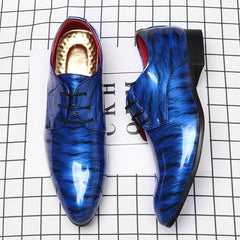 Men'S Fashion Blue Ripple Glossy Dress Shoes, Casual Business Style, All-Season Low Top Lace-Up, Pointed Toe, Upper/Inner, Rubber Sole, England-Inspired Design SHOWLU FASHION STORE