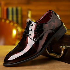 Men's Classic Lace-Up Dress Shoes - Glossy Wingtip Oxfords, Black, Formal & Casual Wear for Outdoor Events SHOWLU FASHION STORE