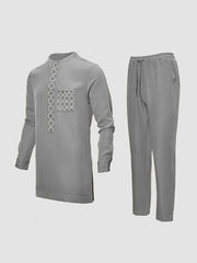 2024 Autumn New, Dashiki Men'S Set, Long Sleeve Top, Chest Embroidery, Hidden Button, Pocket, Round Neck, Split Hem, Elastic Pants, African Clothing, Men'S Casual Shirt and Trousers 2pcs Set, Four Seasons New 1 Set, Street St