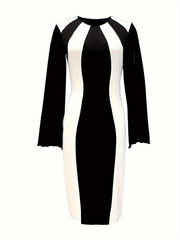 Elegant Black & White Color Block Bodycon Dress with Split Cuffs - Stretchy Polyester & Spandex Blend, Machine Washable - Perfect for All Seasons