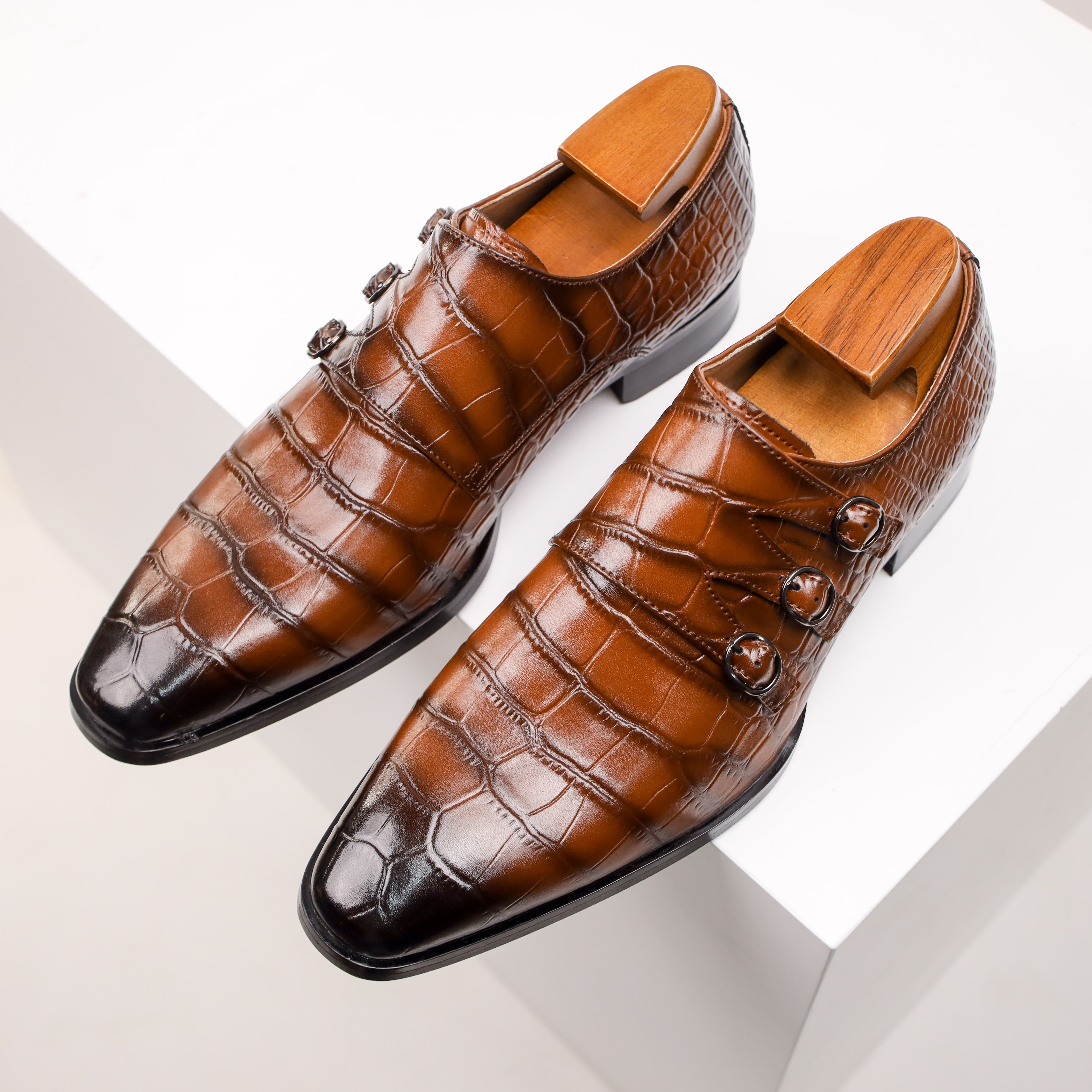 Men's Genuine Faux Leather Monk Strap Oxfords - Casual Fashion Business Shoes with Solid Color, Square Toe, All-Season Low Top Slip-On for Daily, Party & Wedding - Split Cow Faux Leather Upper, Synthetic Inner, Rubber Sole SHOWLU FASHION STORE