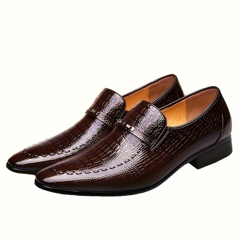 [Crocodile Oxford Loafers] Crocodile-Embossed Men's Black Oxford Loafers - Slip-On Dress Shoes with Golden-Tone Metallic Emblem - Comfortable Rubber Sole for Casual Business Formal Occasions SHOWLU FASHION STORE