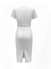 Women's Elegant V-Neck Belted Bodycon Pencil Skirt - Mid-Stretch Machine-Washable Solid Color Skirt for Spring/Fall, Office to Party Wear, Formal Event Attire, Sophisticated Design