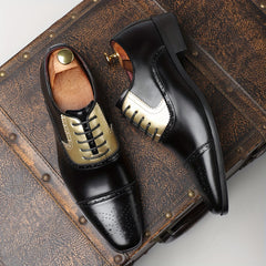 [Golden Stitching, Business Casual Shoes] Black Pointed Toe Business Casual Dress Shoes - Faux Upper, Rubber Sole, Lace-Up Closure - Sizes 39-48, for Office, Parties, Daily Wear SHOWLU FASHION STORE