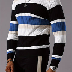 Men's Striped Color-Block Ribbed Knit Sweater - Long Sleeve Round Neck Pullover with Elastic Comfort Fit, Machine Washable Casual Fall Winter Top in Black/White/Green/Beige, Knit Sweater, Medium Elasticity
