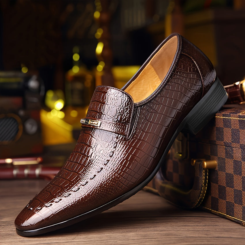 [Crocodile Oxford Loafers] Crocodile-Embossed Men's Black Oxford Loafers - Slip-On Dress Shoes with Golden-Tone Metallic Emblem - Comfortable Rubber Sole for Casual Business Formal Occasions SHOWLU FASHION STORE