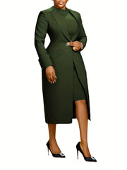 Women's Suit, 2pcs Dress Set, Long Blazer with Lapel, Round-neck Pleated Lace Waist-cinching Back Slit Sleeveless Dress Set, Work Business Fashion Clothing, Autumn And Winter Women's Dress Set