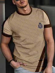 [Trendy T-Shirt] Comfortable Breathable Men's Polka Dot Short Sleeve T-Shirt | Regular Fit All-Season Casual Top with Contrast Brown Accents, Machine Washable, Trendy Urban Style, Durable Casualwear