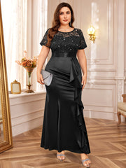 P54328A Elegant Women's Plus Size Lace Contrast Satin Sequin Bridesmaid Dress, Round Neck Short Sleeve, Empire Waist, Slim Fitting, Ruffled Mermaid Hem, Perfect for Formal Evenings, Weddings, Parties SHOWLU FASHION STORE