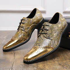 Men's Stylish Golden Brogue Loafers with Diamond Pattern - Pointed Toe Dress Shoes for Business & Casual Wear, Low-Top Lace-Up Design, All-Season Comfort, Allseason Shoes | Stylish Brogue Loafers | Polished Finish Shoes SHOWLU FASHION STORE