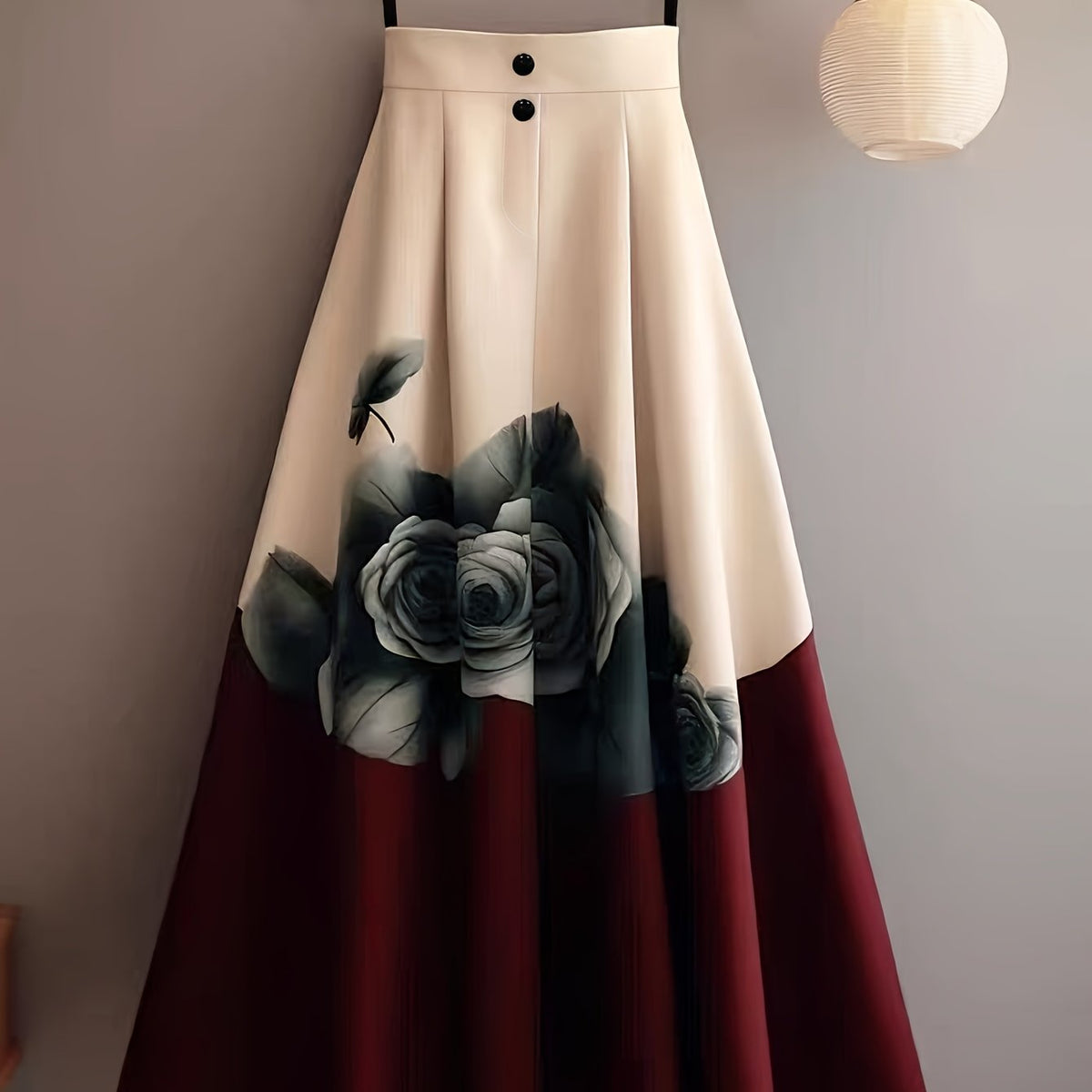 Elegant Floral Print Midi Skirt for Women - Button Detail, Flowy A-Line Cut, Beige & Red Rose Design, Perfect for Casual or Formal Occasions, Cute Skirts, Versatile Fashion, Sophisticated Style, Quality Fabric