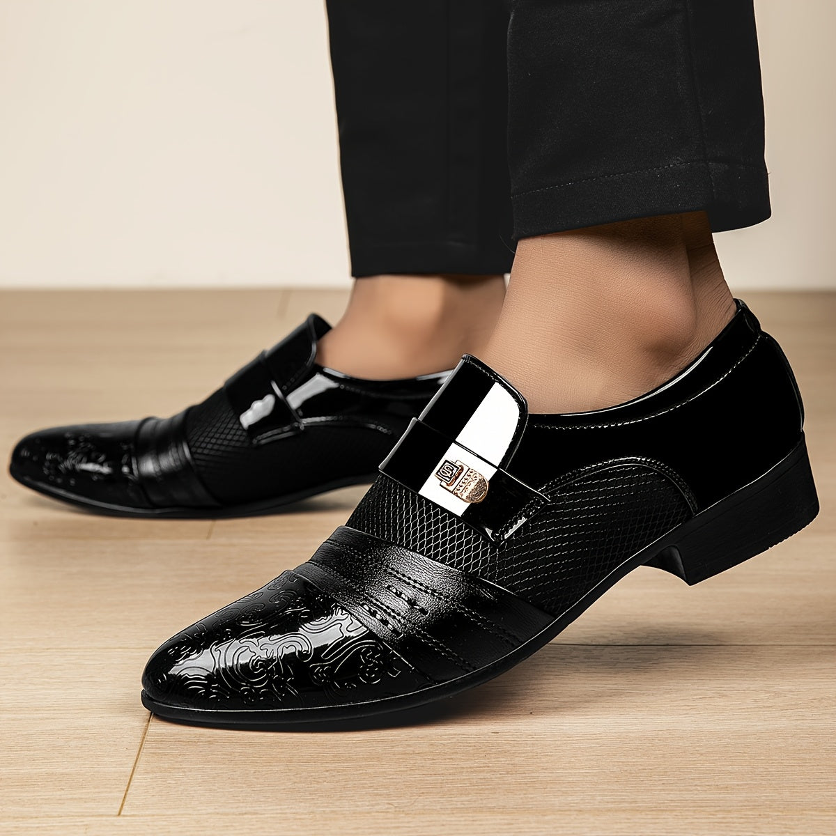 Men's Elegant Black Slip-On Dress Shoes with Embossed Design & Metallic Accents - Perfect for Weddings, Parties, and Formal Events, Wedding Footwear | Elegant Slipons | Decorative Embossed Design SHOWLU FASHION STORE