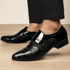 Men's Elegant Black Slip-On Dress Shoes with Embossed Design & Metallic Accents - Perfect for Weddings, Parties, and Formal Events, Wedding Footwear | Elegant Slipons | Decorative Embossed Design SHOWLU FASHION STORE