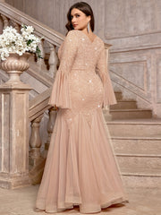 Elegant Plus Size Sequin Lace Dress with V-Neck & Long Bell Sleeves - Fitted Waist Mermaid Tulle Hem Formal Gown for Weddings, Parties, Spring/Summer Events, Mermaid Wedding Dress, Wedding Guest Attire, Sophisticated Craftsma