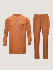2024 Autumn New, Dashiki Men'S Set, Long Sleeve Top, Chest Embroidery, Hidden Button, Pocket, Round Neck, Split Hem, Elastic Pants, African Clothing, Men'S Casual Shirt and Trousers 2pcs Set, Four Seasons New 1 Set, Street St