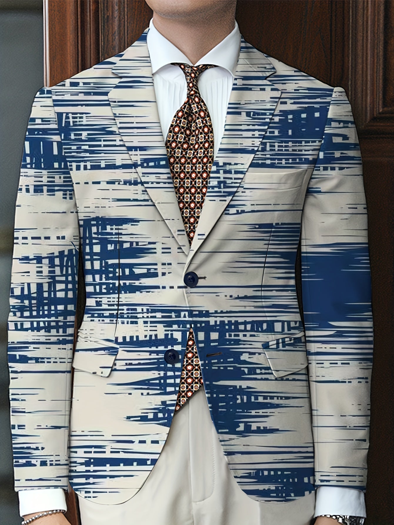 [Four-Season Party Blazer] Four-Season Regular Fit Men's Party Blazer - Stripes Print/Animal Print Notched Lapel, Fashion Suit Top With Button Details SHOWLU FASHION STORE