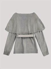 Elegant Grey Soft Polyester Crew Neck 1pc Knit Cardigan with Cape Shawl - Long Sleeve Sweater with Belt, Unique Design Solid Color Pullover for Spring/Summer/Fall - 2024 New Arrival