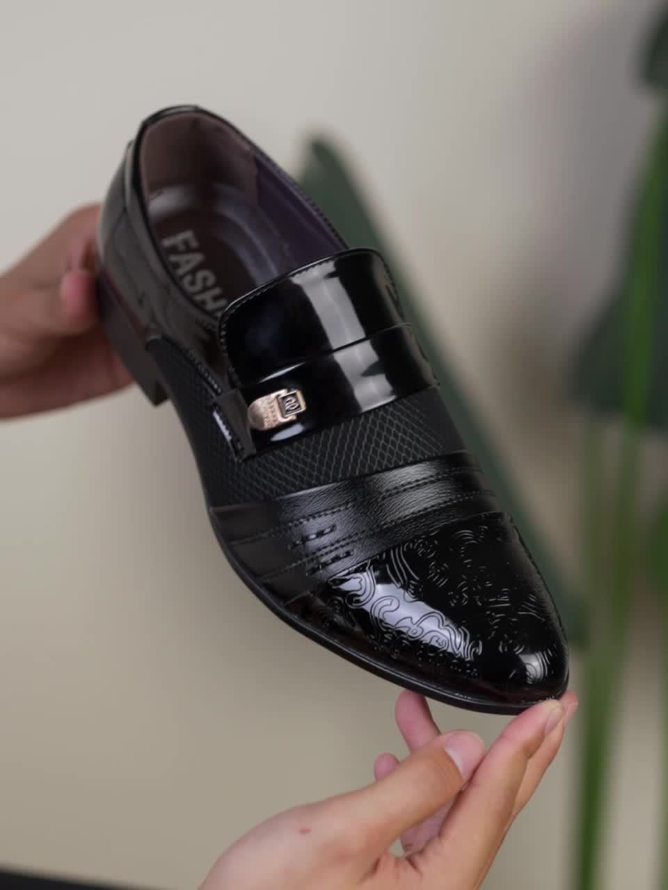 Men's Elegant Black Slip-On Dress Shoes with Embossed Design & Metallic Accents - Perfect for Weddings, Parties, and Formal Events, Wedding Footwear | Elegant Slipons | Decorative Embossed Design SHOWLU FASHION STORE