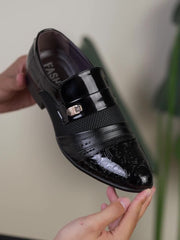 Men's Elegant Black Slip-On Dress Shoes with Embossed Design & Metallic Accents - Perfect for Weddings, Parties, and Formal Events, Wedding Footwear | Elegant Slipons | Decorative Embossed Design SHOWLU FASHION STORE