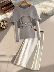Elegant Grey Soft Polyester Crew Neck 1pc Knit Cardigan with Cape Shawl - Long Sleeve Sweater with Belt, Unique Design Solid Color Pullover for Spring/Summer/Fall - 2024 New Arrival