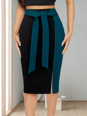 Women's Elegant Slim-Fit Color-Block Midi Skirt - Black to Burgundy Ombre with Adjustable Ribbon Bow Detail, Machine Washable H-Silhouette for Spring/Summer Office to Party Wear, Cute Skirts, Sophisticated Texture