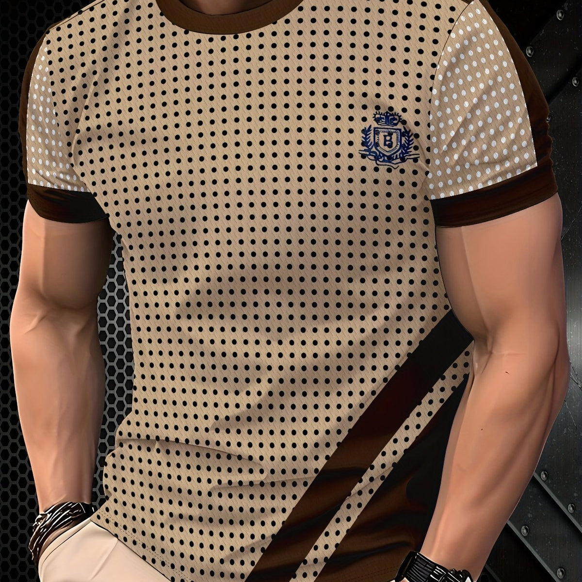 [Trendy T-Shirt] Comfortable Breathable Men's Polka Dot Short Sleeve T-Shirt | Regular Fit All-Season Casual Top with Contrast Brown Accents, Machine Washable, Trendy Urban Style, Durable Casualwear