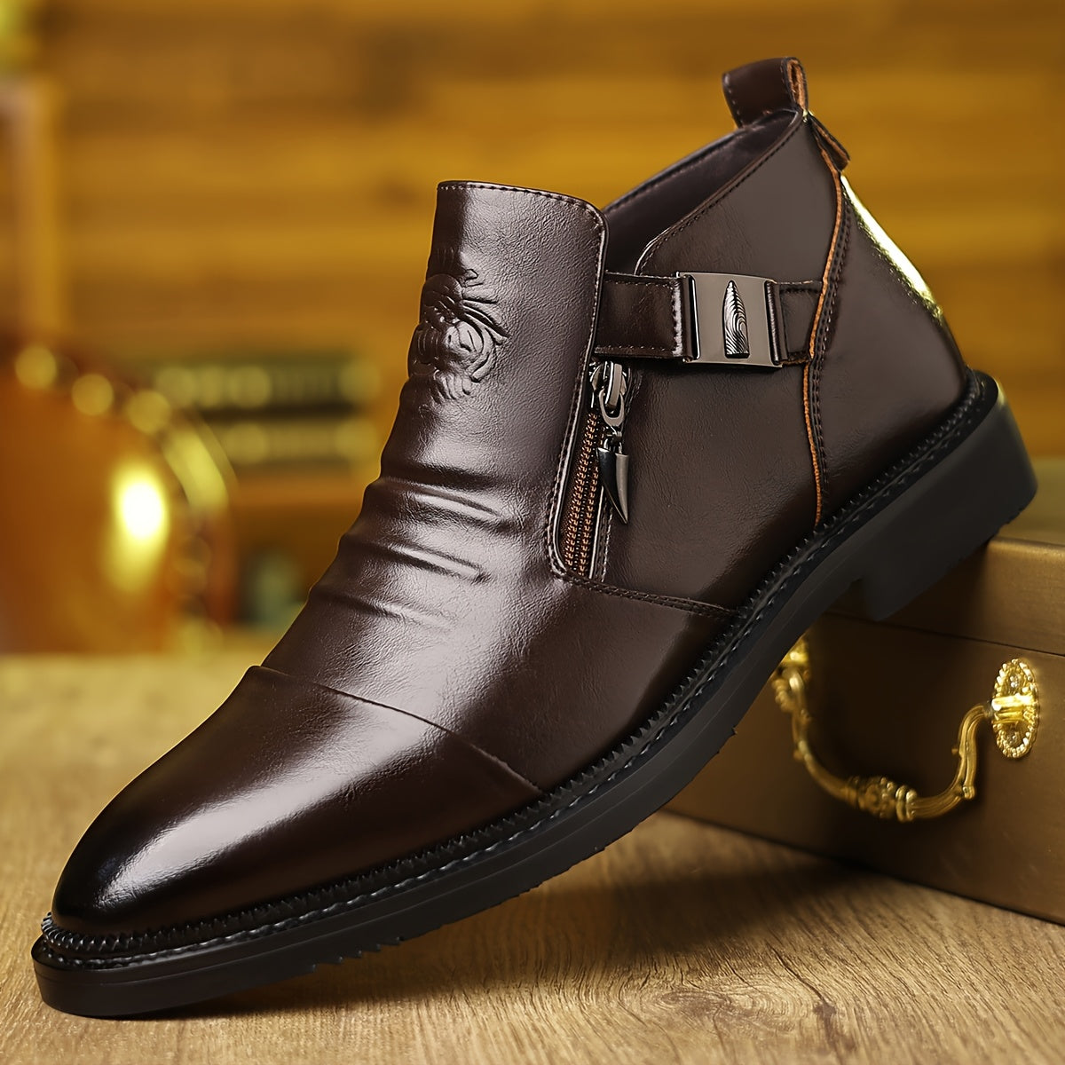 Men's Elegant Black Ankle Boots with Embossed Lion Design - Glossy Finish, Side Zipper & Buckle Straps, Durable PU Material - Perfect for Casual, Hiking & Outdoor Wear in All Seasons SHOWLU FASHION STORE