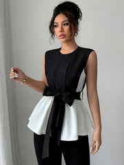 Elegant Women'S Sleeveless Crop Top Blouse with Front Tie - Black & White, Slim Fit, Round Neck, Perfect for Spring and Summer Office or Casual Wear, Spring Fashion | Sleeveless Crop Top | Stylish Bow Detail