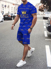 2pcs Men's "KING" Alphabet Print Summer Outfit Set, Men's Short Sleeve Crew Neck T-shirt & Elastic Waist Shorts with Pockets