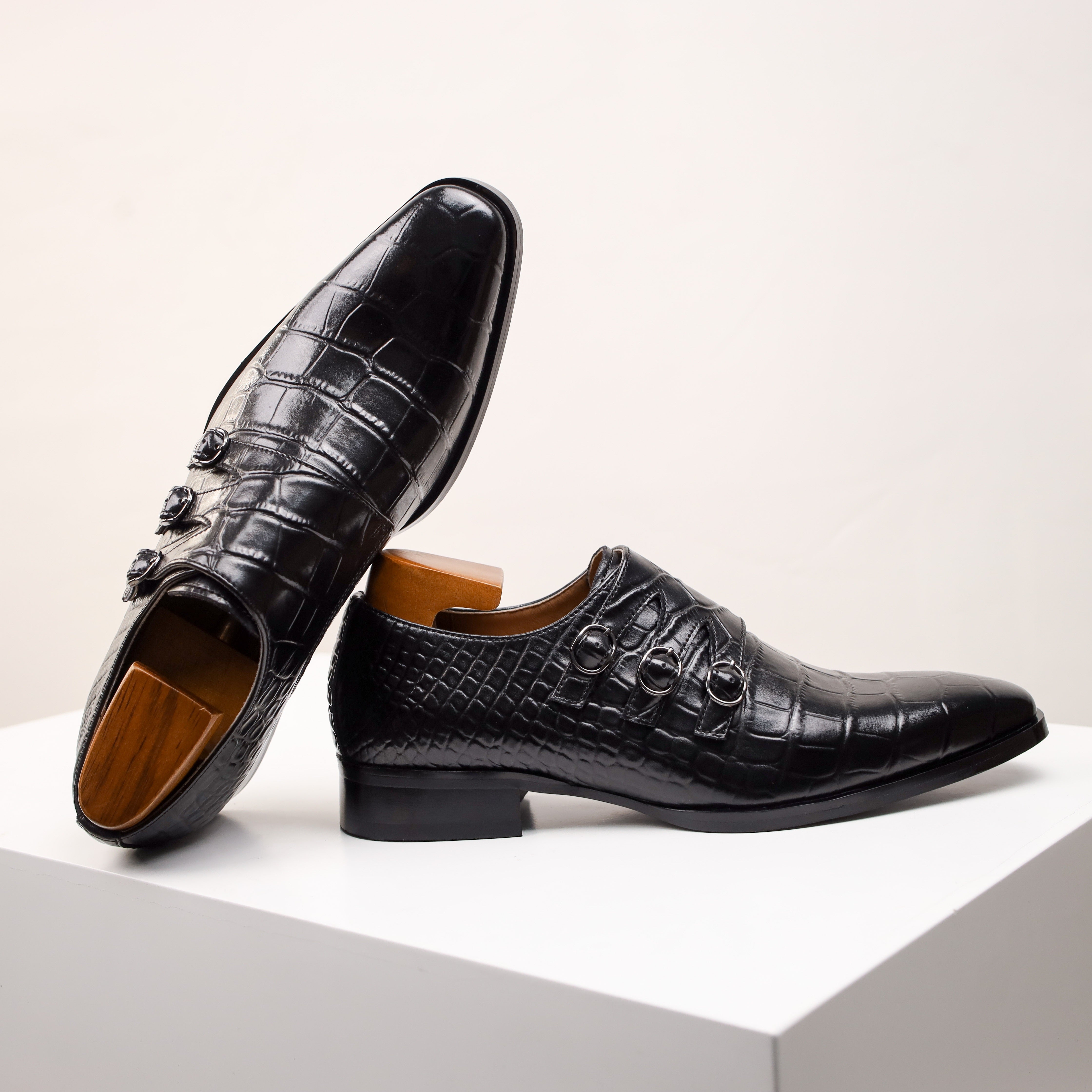 Men's Genuine Faux Leather Monk Strap Oxfords - Casual Fashion Business Shoes with Solid Color, Square Toe, All-Season Low Top Slip-On for Daily, Party & Wedding - Split Cow Faux Leather Upper, Synthetic Inner, Rubber Sole SHOWLU FASHION STORE