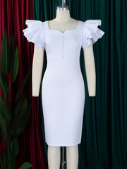 Elegant Dresses For Woman 2025 New Square Neck Ruffles Sleeve Solid Sheath Mid Calf High Quality Ladies Birthday Party Dinner Wear Vestidos Mujer Clothes Wholesale