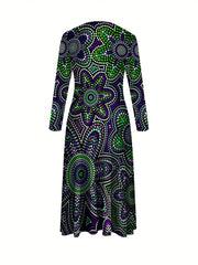Women's Elegant Long Sleeve Maxi dress - Formal to Casual Party, Beach Vacation & Everyday Outfits - Machine Washable A-Line Dress in Purple & Green color combination - All-Season Women's Clothing, Comfortable Fit