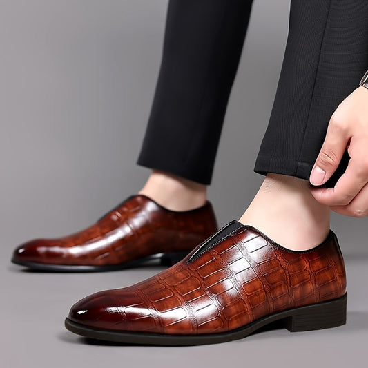 Men's Elegant Gradient Slip-On Loafers - Crocodile Texture, Low-Top Design with Rubber Sole for Comfort | Versatile Business & Casual Style | Brown, Square Toe, Glossy Finish, Side Zipper Detail, Business Casual Footwear | Gl SHOWLU FASHION STORE