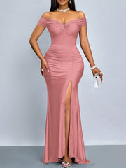 Women's Off-the-Shoulder Bodycon Evening Dress - Solid Color with Side Slit, Machine Washable Lightweight Formal Party Dress for All Seasons, Allseason Attire, Elegant Design