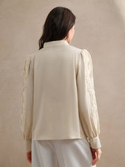 Women's Elegant Lace-Trimmed Semi-Sheer Long Sleeve Shirt - Stand Collar Button-Front Blouse with Puffed Shoulders, Machine Washable Lightweight Top for Spring Summer Fall, Versatile Casual to Formal Wear, Seasonal Wardrobe S