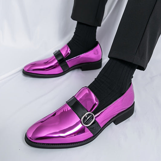 [Elegant Style] Men's Glossy Pointed-Toe Loafers - Fashionable Slip-On Dress Shoes with Metallic Buckle Detail, Versatile for Business or Casual Wear, Faux Upper, Rubber Sole SHOWLU FASHION STORE