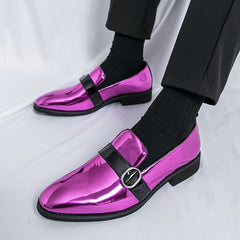 [Elegant Style] Men's Glossy Pointed-Toe Loafers - Fashionable Slip-On Dress Shoes with Metallic Buckle Detail, Versatile for Business or Casual Wear, Faux Upper, Rubber Sole SHOWLU FASHION STORE