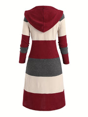 Women's Casual Hooded Long Sleeve Cardigan - Maroon & Color-Block Design, Machine Washable Fall Winter Warm Coat with Front Pockets, Seasonal Fashion, Relaxed Fit, Quality Stitching, Autumn Wardrobe