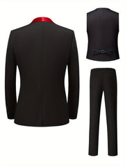 Wedding Guest Suits For Men 3pcs Outfit Set, Men'S Long Sleeve One Button Shawl Collar Jacket With Pockets & Slim Fit Pants Set, Wedding Banquet SHOWLU FASHION STORE