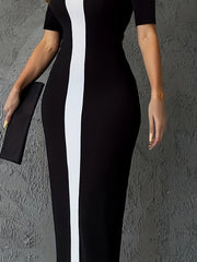 Elegant City-Style Two-Tone A-Line Dress with Short Sleeves and Side Slit - Rayon, Sleeveless, Bodycon Fit for Spring/Summer/Fall, Adult, Elegant Attire|Modern Fashion|Bodycon Dress